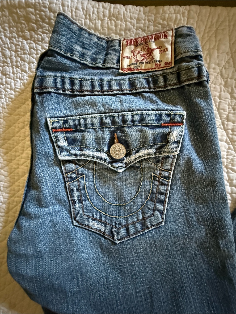 True Religion Joey Bootcut Jeans Women’s 29 Made in USA Flap Pocket Distressed